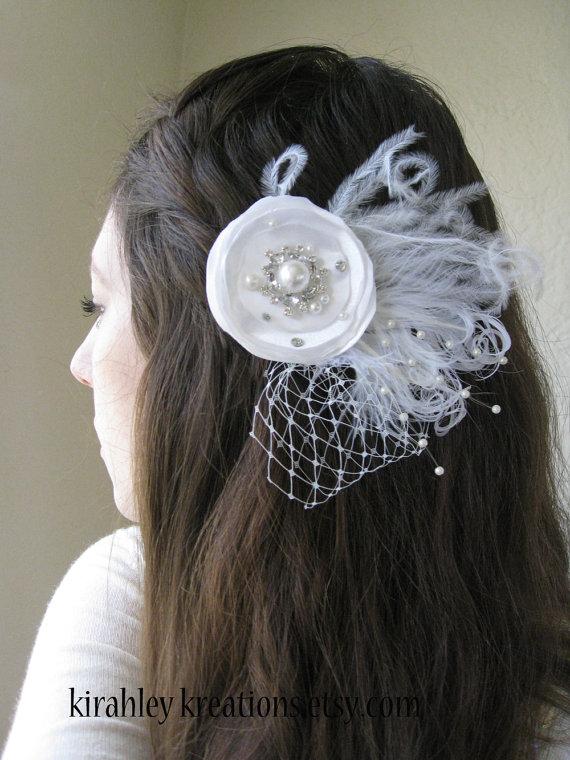 Hochzeit - MARJORIE - White Wedding Bridal Bride Headpiece Hair Clip Fascinator w/ Handmade Flower Feathers Birdcage Veil Veiling Pearls & Rhinestones