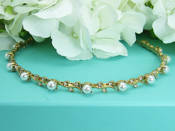 Hochzeit - Gold Rhinestone Crystal Pearl bridal headband headpiece, gold wedding headband, wedding headpiece, rhinestone tiara, crystal accessories