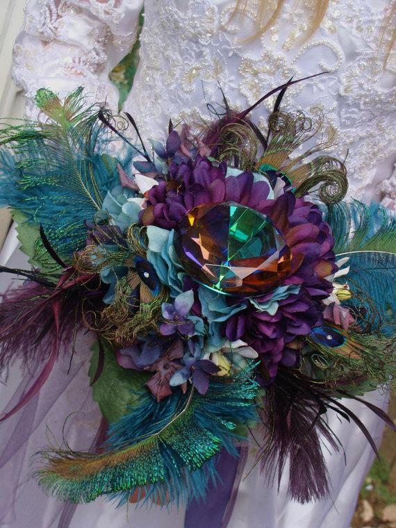 Hochzeit - Peacock Diamond Bridal Bouquet in Jewel Tones - CUSTOM Created for You