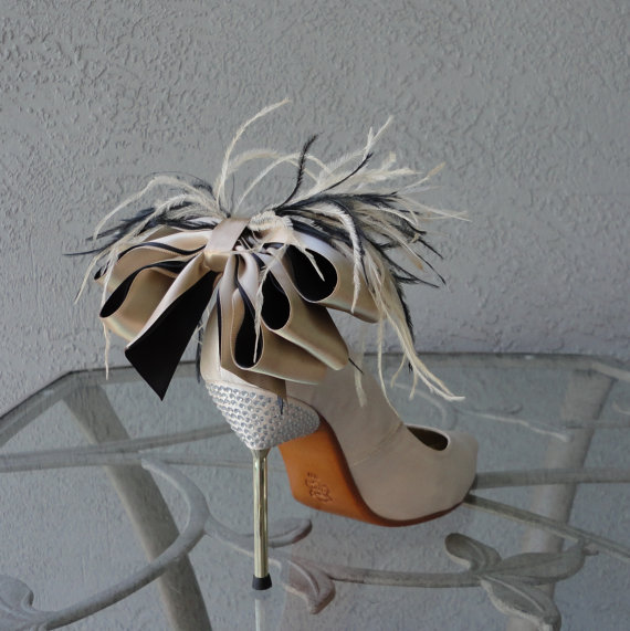 Hochzeit - Bridal Party Wedding Nude And Black Satin Ribbon Bow And Feather Shoe Clips Set Of Two