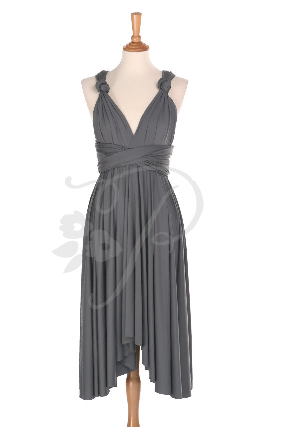 Hochzeit - Bridesmaid Dress Infinity Dress Charcoal Grey Knee Length Wrap Convertible Dress Wedding Dress