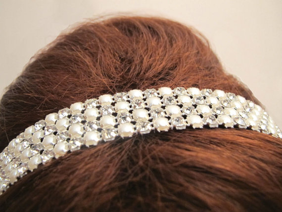 Свадьба - Rhinestone Pearl Beaded  Bridal Wedding Headband Wedding Accessories Headpiece Head Piece Ready to Ship