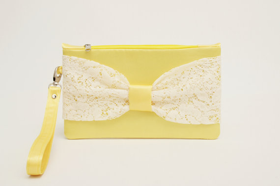 Свадьба - Promotional sale - Yellow with ivory lace  bow wristelt clutch,bridesmaid gift ,wedding gift ,make up bag,zipper pouch