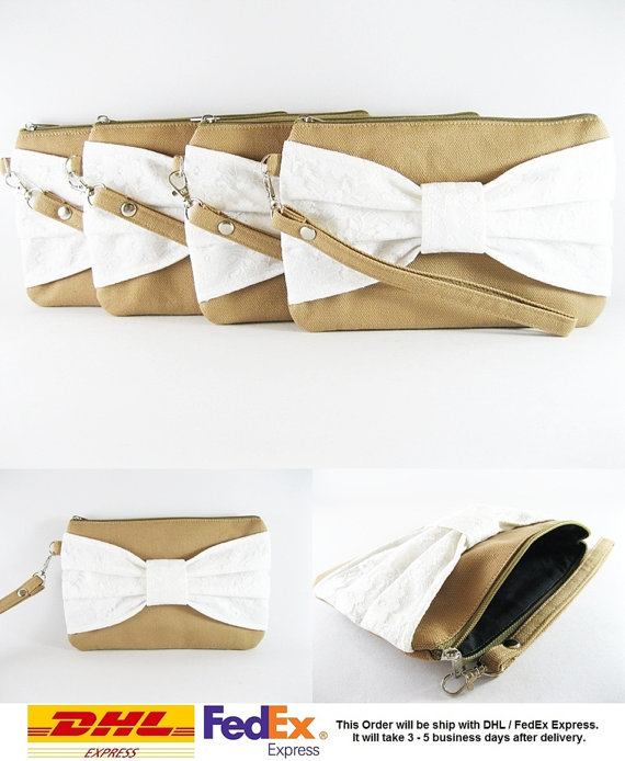 Wedding - Set of 5 Wedding Clutches, Bridesmaids Clutches / Tan with Ivory Lace Bow Clutches - MADE TO ORDER