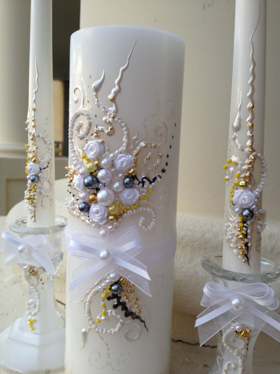 Elegant Wedding Unity Candle Set In White, Grey, Gold And Yellow