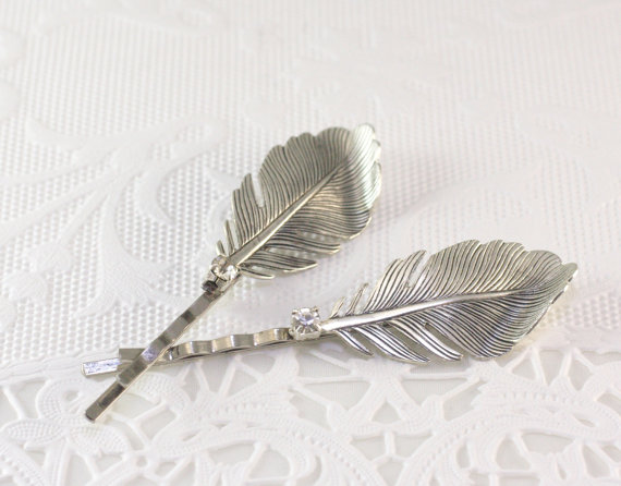 Wedding - Feather crystal bobby pins plume whimsical rhinestone bridal silver finish vintage style hair slides jewelry wedding