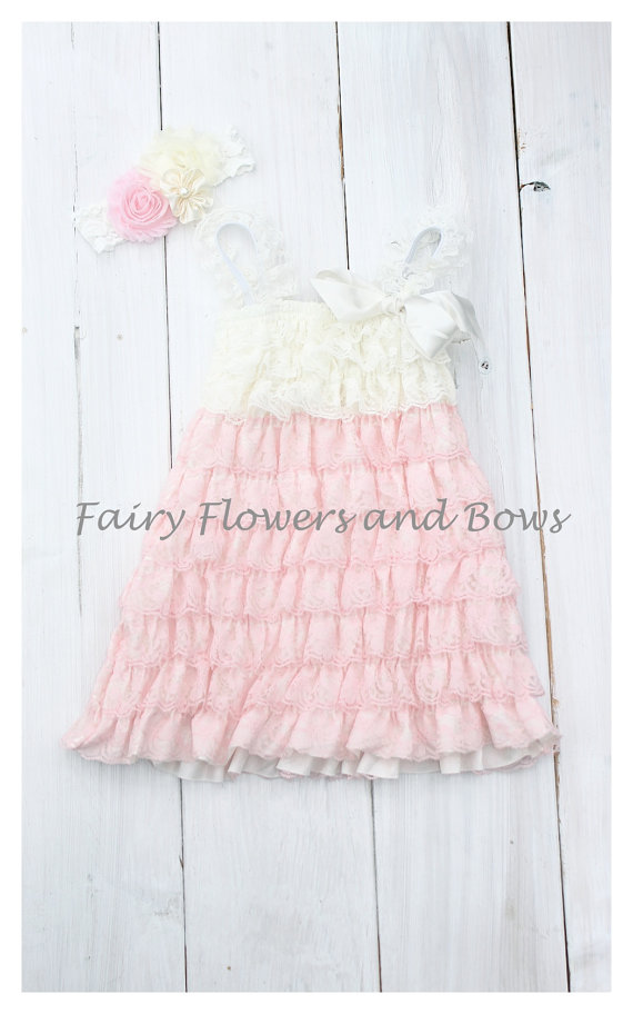 زفاف - Ivory and Pink  Lace Petti Dress with Matching Headband Baptism, Flower Girl, Wedding, Party Dress  (Infant, Toddler, Child)
