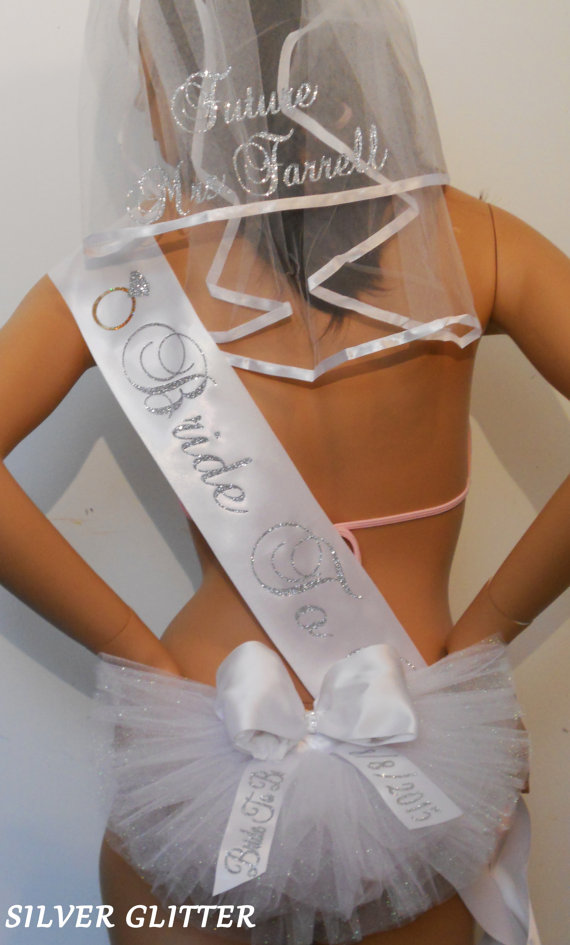 Hochzeit - 3 piece Bachelorette Party Sash with Hair Veil and Booty Cover - 3 piece set, Bridal Shower Booty Veil by Sashanation