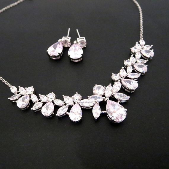 Свадьба - Bridal necklace and earrings, Wedding jewelry set, vintage glamour jewelry, Cubic zirconia necklace and earrings