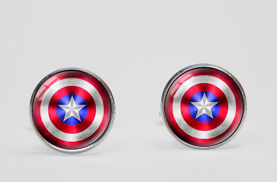 Mariage - Captain america Shield Cufflinks, Cuff Link, Gifts for men, Wedding, Silver Plated, Jewelry
