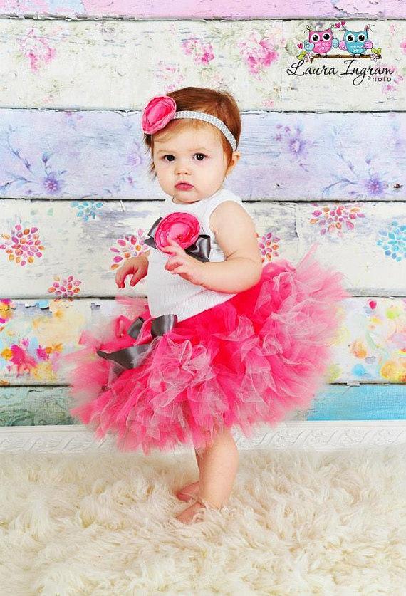 Mariage - Coral and Grey Flower Girl Dress, Baby Girls Dresses
