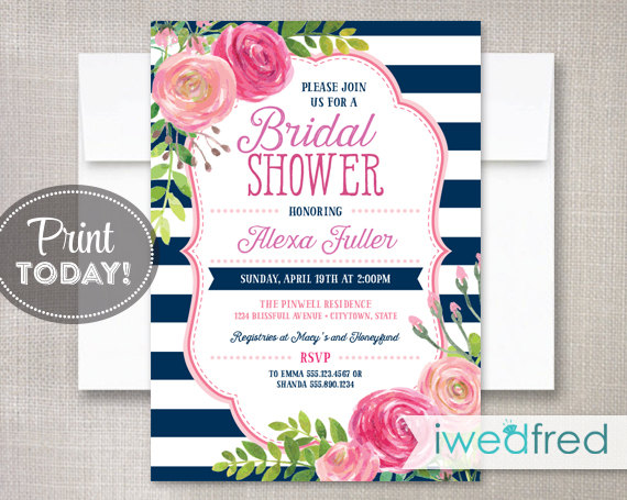 زفاف - INSTANT DOWNLOAD - Navy Pink Bouquet - DIY Printable Bridal Shower Invitation