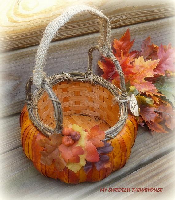 زفاف - Pumpkin Flower Girl Basket Rustic Wedding Decor Personalized Custom