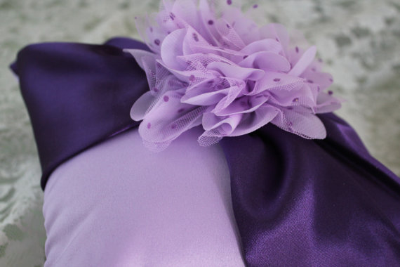 Wedding - Lavender and Purple Ring Bearer Pillow  Lavender Organza Layered Flower with Purple Polka Dots