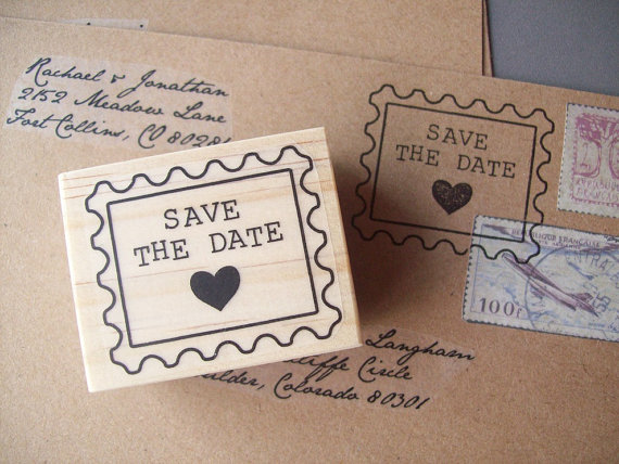 Wedding - Save the Date Rubber Stamp, Postage Stamp Style with Heart, for Wedding Invitation Envelopes, Vintage, Typewriter