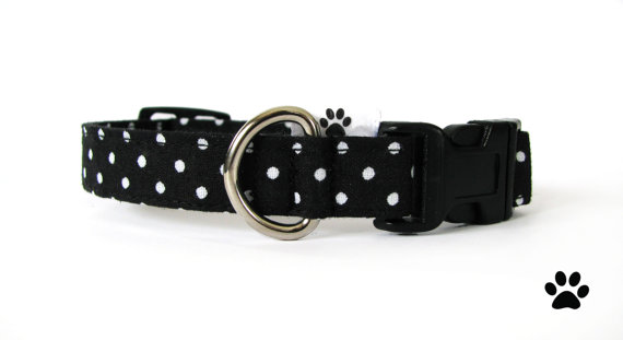 Свадьба - Black and white polka dot collar - adjustable cat collar, black and white dog collar, polka dot cat collar, black polka dot dog collar