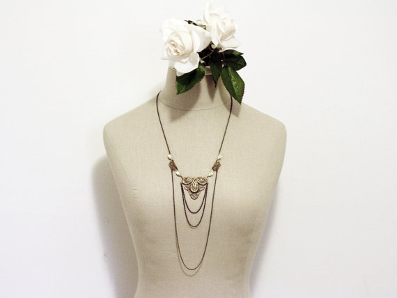 زفاف - Bridal flapper drape necklace 1920's art nouveau filigree brass crystal jewel great gatsby bronze rhinestone vintage bride