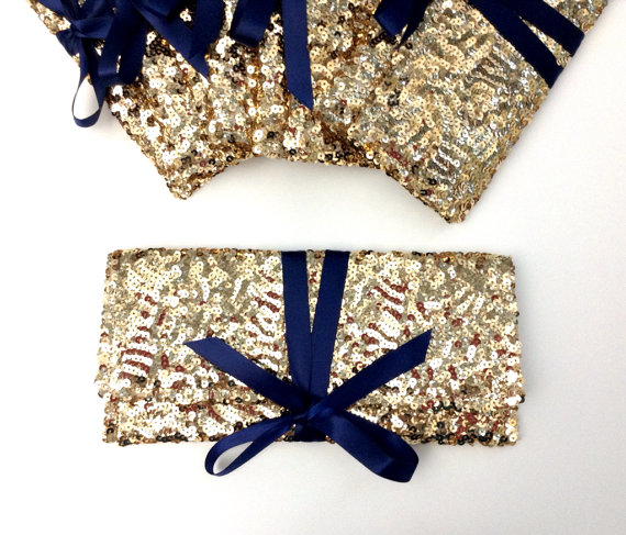 Hochzeit - Reserved Bridesmaid clutches in gold sequins with navy bow// Six 6 Sparkle glitter envelope slim wedding bag // Custom colors
