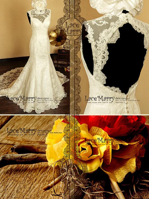 Mariage - High Collar Design Lace Wedding Dress features Sweetheart Neckline and Keyhole Open Back with Scalloped Edges