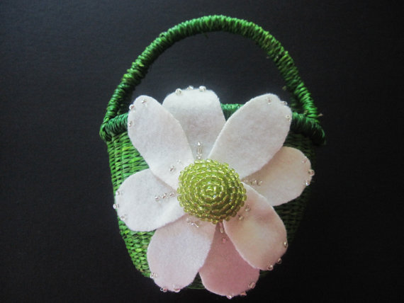 Mariage - Flower Girl Basket Wedding Ivory Green