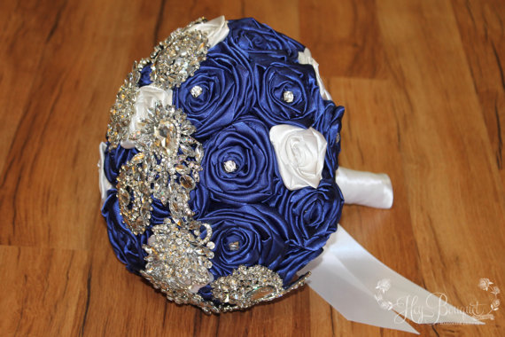 Wedding - Sapphire & White Rhinestone Brooch Bouquet, Brooch Center, Blue Brooch Bouquet, Blue Bouquet