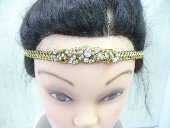Hochzeit - OOAK Vintage Gold Metallic 1930s Art Deco Gold Gilt Rhinestone Headband/Hair tie - GATSBY Bridal - WEDDING - Flapper style- 36 inch - Loops
