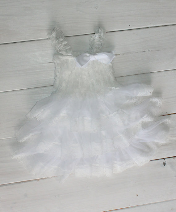Hochzeit - White Rustic Lace Chiffon Dress ....Flower Girl Dress, Wedding Dress, Baptism Dress  (Infant, Toddler, Child)