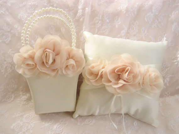 Hochzeit - Flower Girl Basket and Pillow  Blush Rose Blossom Ivory Ring Bearer Pillow, Flower Girl Basket Wedding Pillow