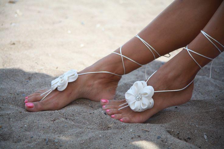 Wedding - Ivory Or White Flower Beach Wedding Barefoot Sandals, Bangle, Wedding Anklet