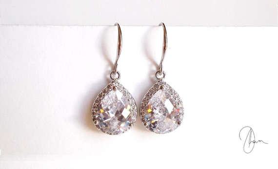 Свадьба - Silver Crystal Wedding Earrings - Rhodium Plated Small Clear Dangle Teardrop Earrings - Bridal Bridesmaids Maid of Honor Jewellery Gift