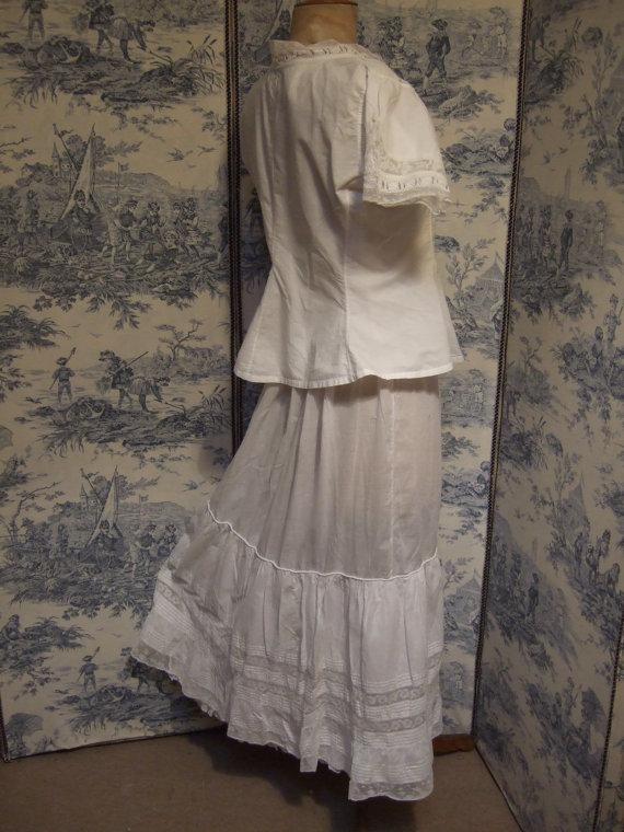 Wedding - Antique  French Petticoat with Deep Flounce   Fine white cotton Pin tucked and Valencienne Lace.