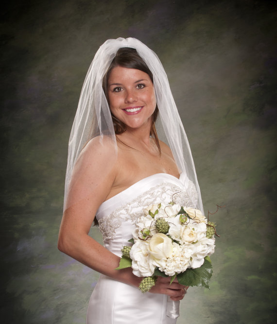 Wedding - Waist Length Bridal Veil Ivory Tulle Single Layer Wedding Veil Plain Edge White Veils 30 Inch