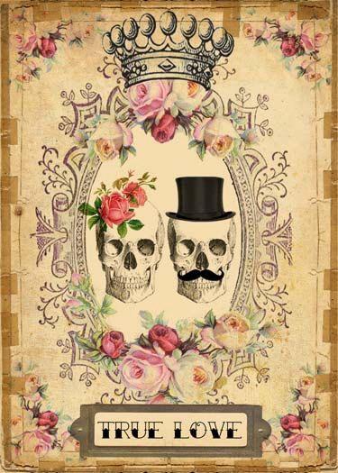 Wedding - INSTANT Digital DOWNLOAD - DIY Printable Gothic Victorian Skull Couple - Antique Tattoo Day Of The Dead - Wedding Anniversary