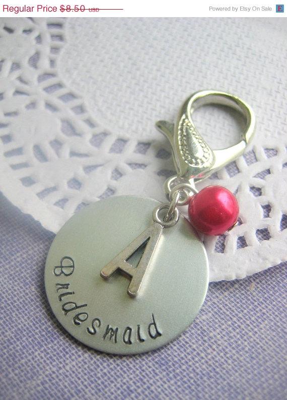Hochzeit - VACATION sale Bouquet charm, zipper pull, key chain. Handstamped charm, bridesmaid, initial letter charm, custom pearl color.
