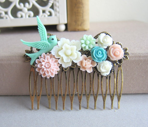 Свадьба - Wedding Hair Comb Bridesmaid Gift Mint Green Pink Turquoise Blue Pastel Colors Pink Blush Flower Floral Bird Nature Bridal Hair Accessories