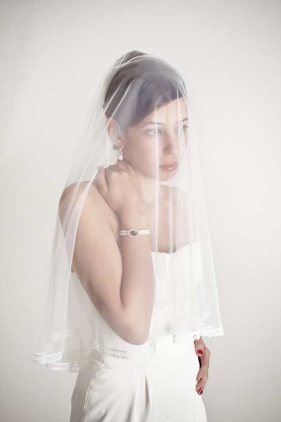 زفاف - Waves - two layers wedding bridal veil, lace finish, white or ivory