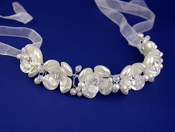 Hochzeit - Floral ribbon headband,  Enamel flower tiara, Rhinestone headband, Crystal headpiece, Grecian wedding headpiece, Wedding tiara,Ivory