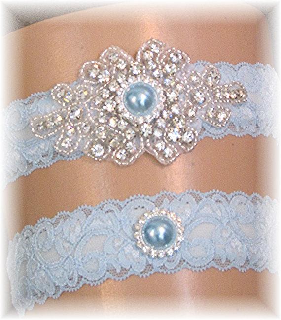 زفاف - Blue Lace Wedding Garter Set - Vintage Style Bridal Garter Set - Something Blue Crystal and Pearl Keepsake and Toss Garter Set