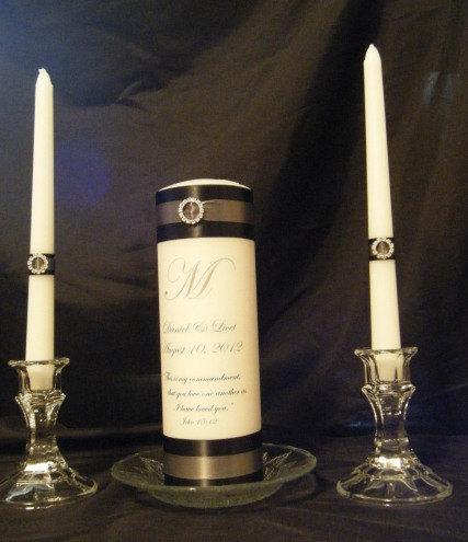 Wedding - Wedding Unity Candle Set with Monogram, John 15:12 and Crystals