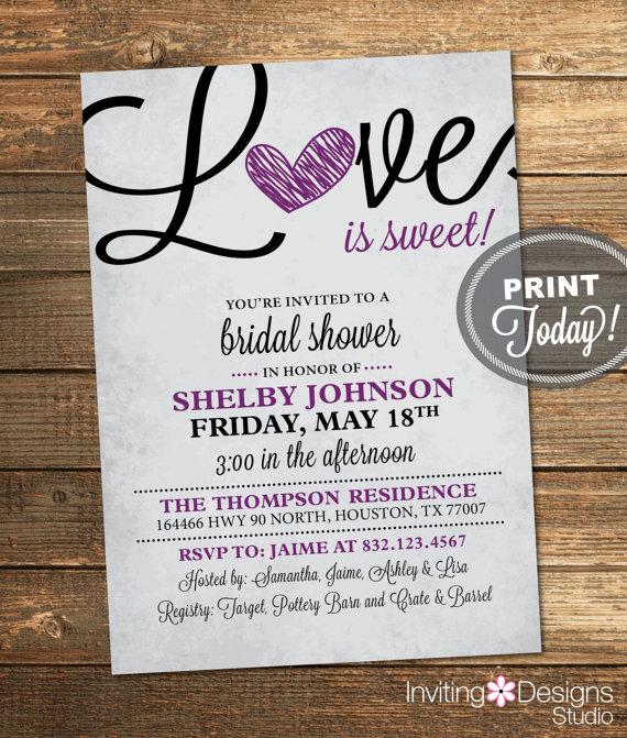 Mariage - Bridal Shower Invitation, Love, Black, Purple, Rustic, Valentines, Sweet, Candy Theme, Printable File (Custom Order, INSTANT DOWNLOAD)