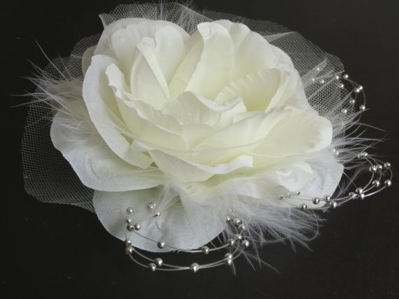 Wedding - Ivory Bridal Flower Hair Clip Wedding Accessory  Crystals Feathers Bridal Fascinator Bridal Accessory