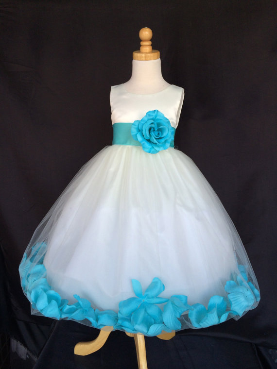 Свадьба - Ivory Wedding Bridal Bridesmaids Petal Flower Girl Dress Toddler 9 12 18 24 Months 2 4 6 8 10 12 14 Size Sash Color 30