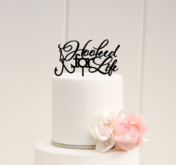 Hochzeit - Hooked For Life Fishing Wedding Cake Topper - Custom Cake Topper