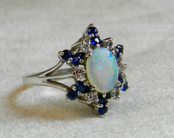 Mariage - Opal Engagement Ring Blue Sapphire Halo Opal Engagement Ring White Gold Genuine Blue Sapphire Genuine Opal Ring September October Birthday