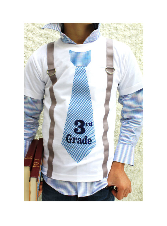 Hochzeit - Back to School Tie and Suspender Personalized Tie T-shirt Tee.  1st Day, Grade School, Photo Prop.  Fall Fashion, Thanksgiving, Blue Gray