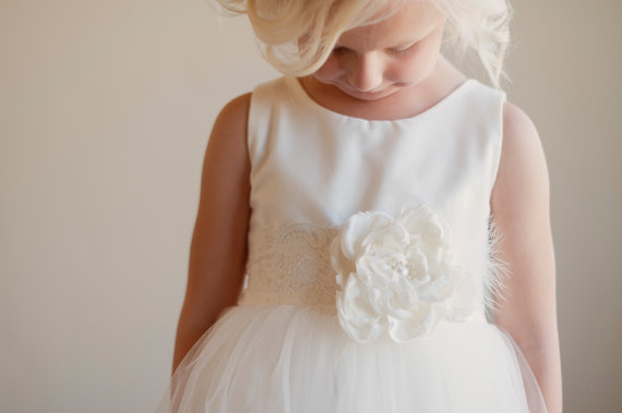 Wedding - Flower girl dress - vintage - white - ivory - silk, flowergirl dress, silk flower girl dresses, tulle flower girl dress
