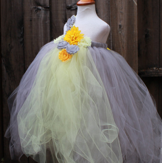 Hochzeit - Grey Flower Girl Dress - Lemon Yellow Grey Birthday Party Dress - Grey Yellow Flower Girl Dress - Grey Yellow Wedding - Sunflower Dress