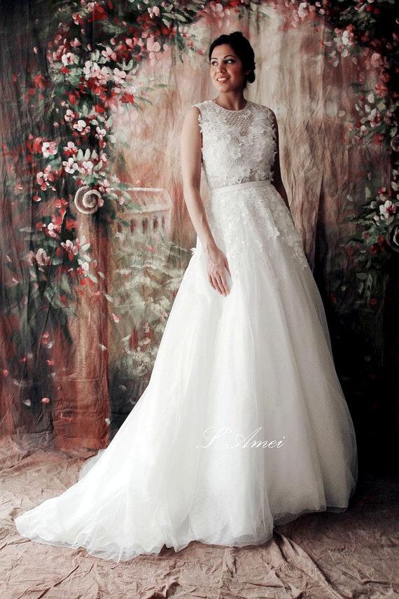 Hochzeit - Flower Fairy -Intricately Beaded French Lace Wedding Bridal Dress -  LAmei 2015 Collection