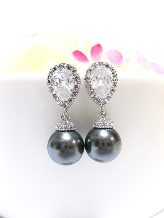 Свадьба - Swarovski Dark Grey Round Pearl DropDanlge Earrings Bridal Jewelry Charcoal Earrings Wedding Jewelry Bridesmaid Gift  Bridal Earrings (E037)