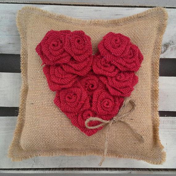 زفاف - 10" x 10" Natural Burlap Ring Bearer Pillow w/ Red Burlap Rosette Heart/Jute Twine Detail- Rustic/Country/Shabby Chic/Folk/Wedding